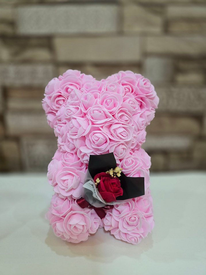 Sevgililer Gününe Özel Pembe Gül Detaylı Peluş Ayıcık - Görsel 3
