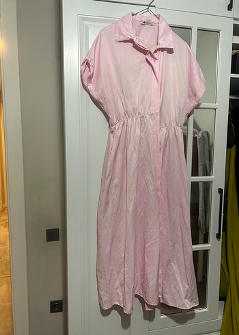 Pembe Keten Uzun Elbise, Düğmeli, Kısa Kollu