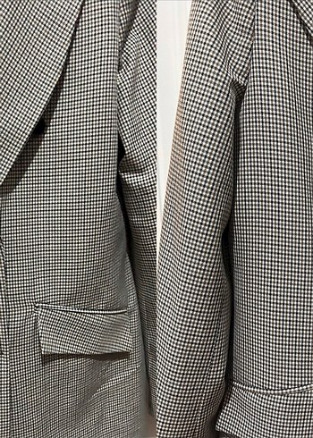 l Beden Düğmeli Gri Ekose Kadın Blazer Ceket