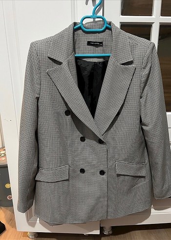 Düğmeli Gri Ekose Kadın Blazer Ceket