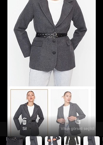Gri Kadın Kemerli Denim Blazer