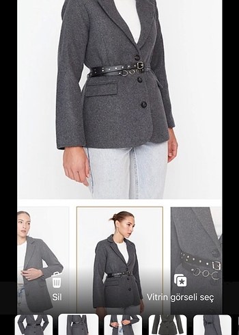 l Beden Gri Kadın Kemerli Denim Blazer