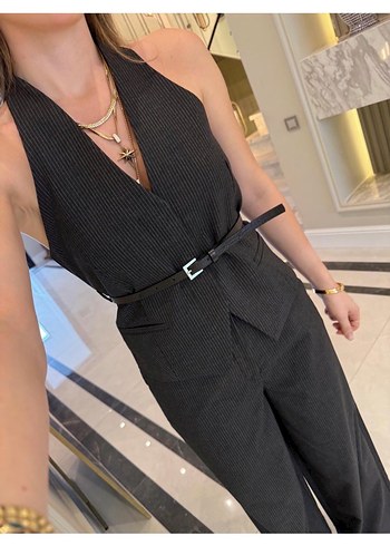 Zara Çizgili Kemerli Deri Mini Kadın Takım