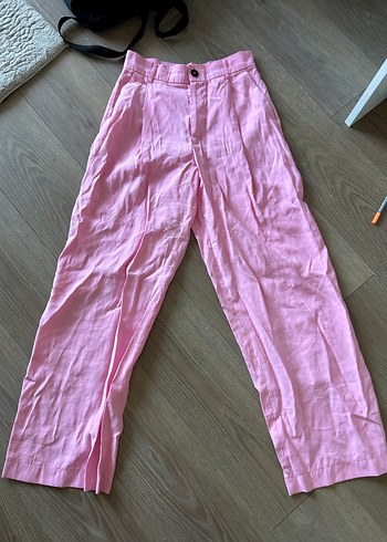 Pembe Keten Kadın Pilili Pantolon