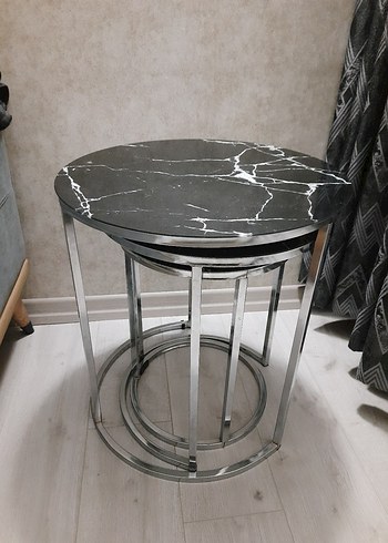 Zigonzi Gümüş Metal Siyah Mermer Desen Üçlü Zigon Sehpa - Görsel 2