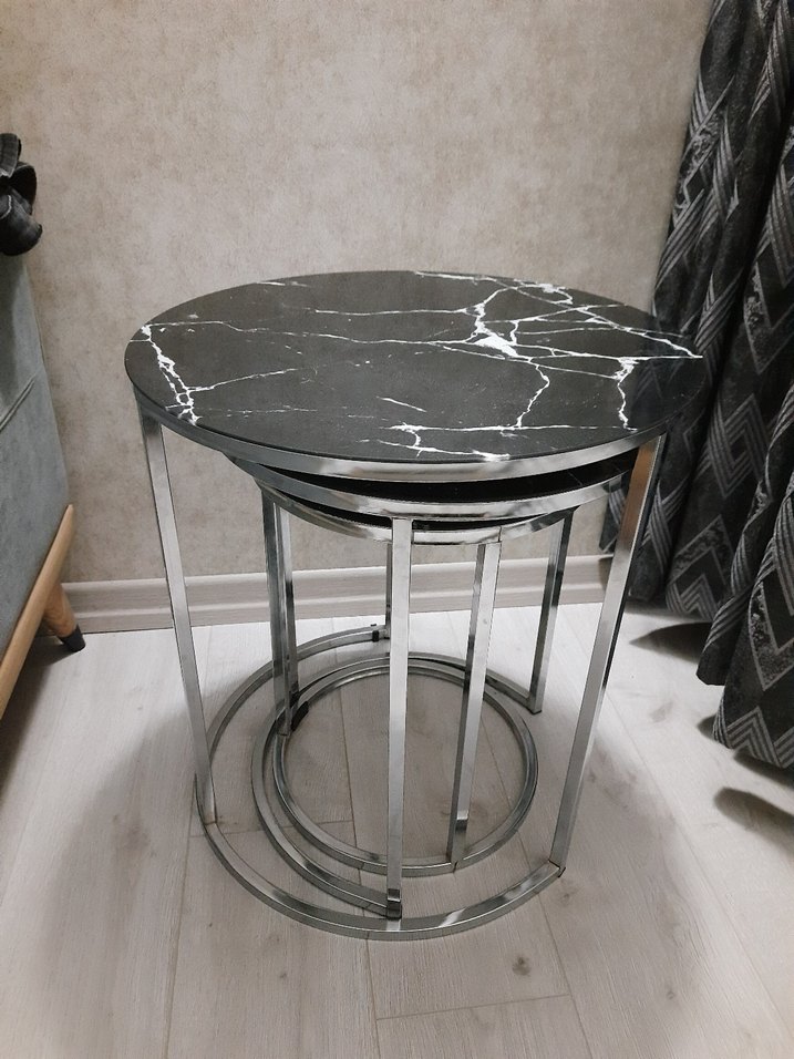 Zigonzi Gümüş Metal Siyah Mermer Desen Üçlü Zigon Sehpa - Görsel 2