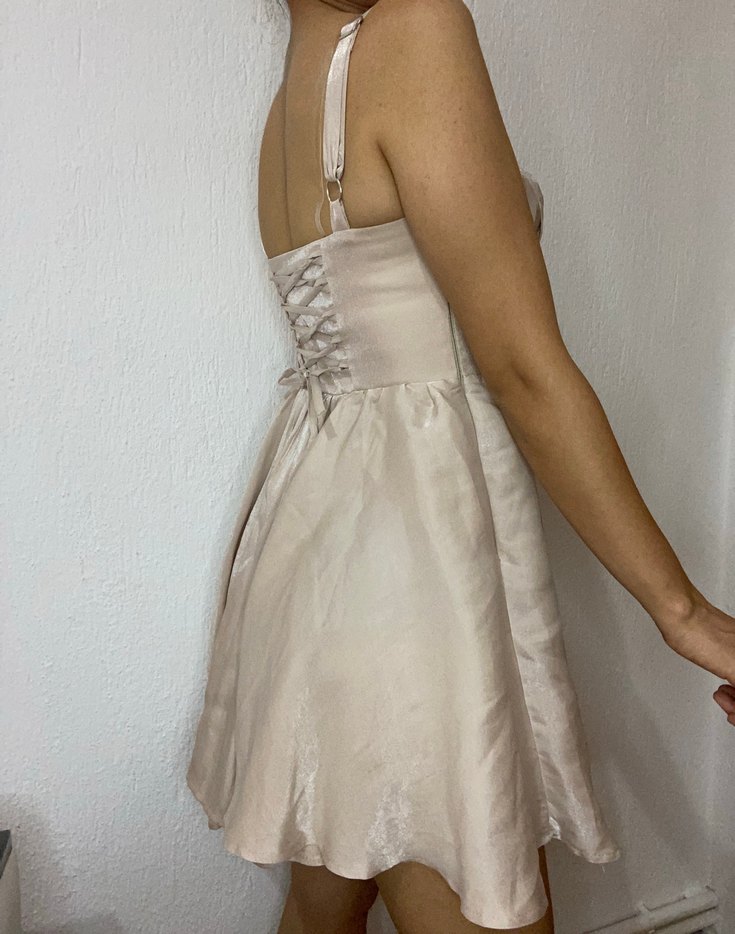 Bej Straplez Mini gece elbisesi - Görsel 4