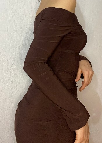 Kahverengi Drapeli Kadın Midi Kalem Elbise - Görsel 7