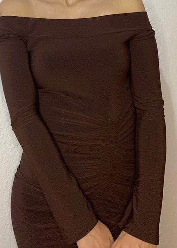 Kahverengi Drapeli Kadın Midi Kalem Elbise - Görsel 10