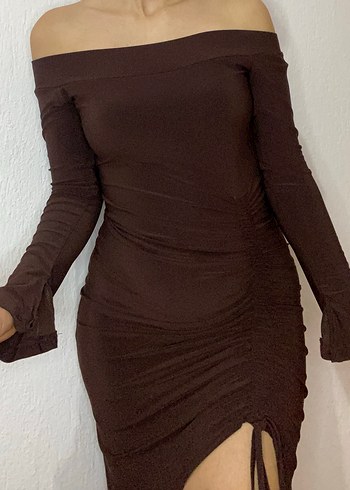 Kahverengi Drapeli Kadın Midi Kalem Elbise - Görsel 4
