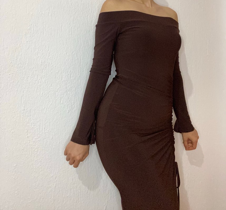 Kahverengi Drapeli Kadın Midi Kalem Elbise - Görsel 3