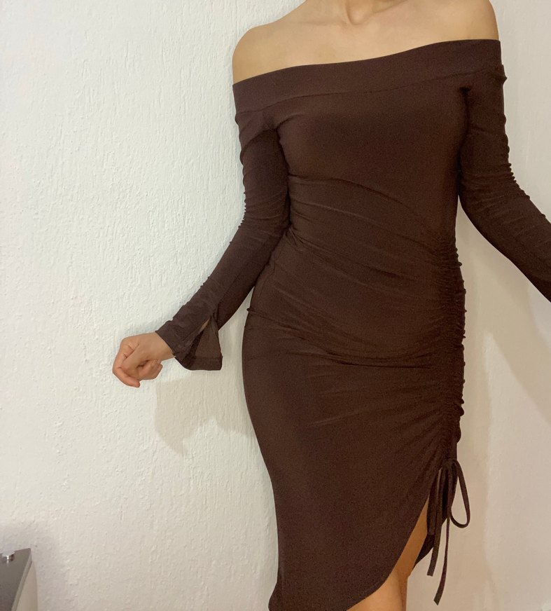 Kahverengi Drapeli Kadın Midi Kalem Elbise - Görsel 5