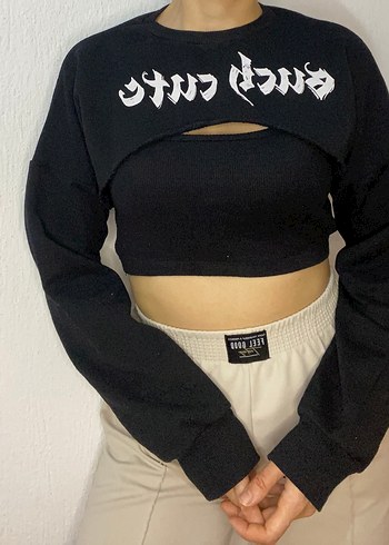 Siyah Baskılı Kısa Kadın Sweatshirt