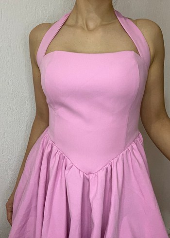 Pembe Straplez Midi Elbise - Görsel 3