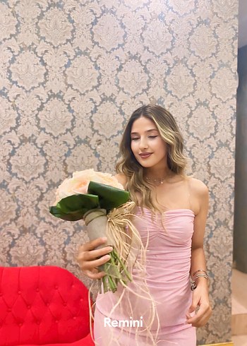 Pudra Pembe Drapeli Midi Straplez Elbise - Görsel 2