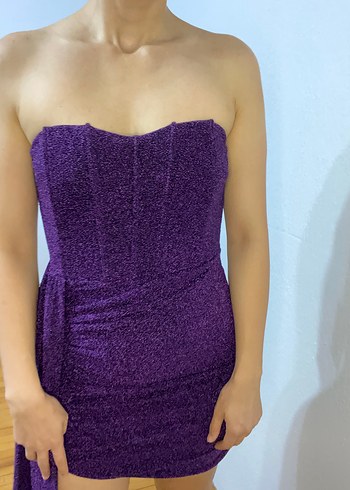 Mor Drapeli Straplez Midi Elbise - Görsel 3