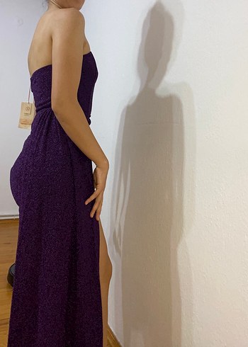 Mor Drapeli Straplez Midi Elbise - Görsel 4