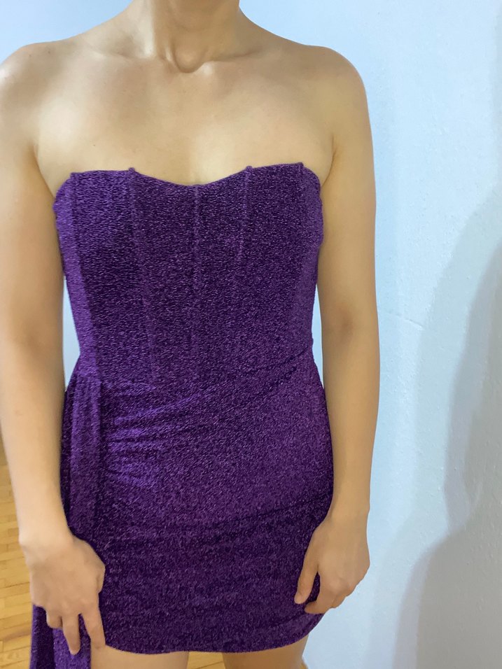 Mor Drapeli Straplez Midi Elbise - Görsel 3