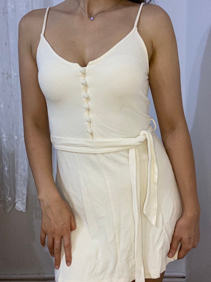 Beyaz Düğmeli Midi Pamuklu Elbise - Görsel 4