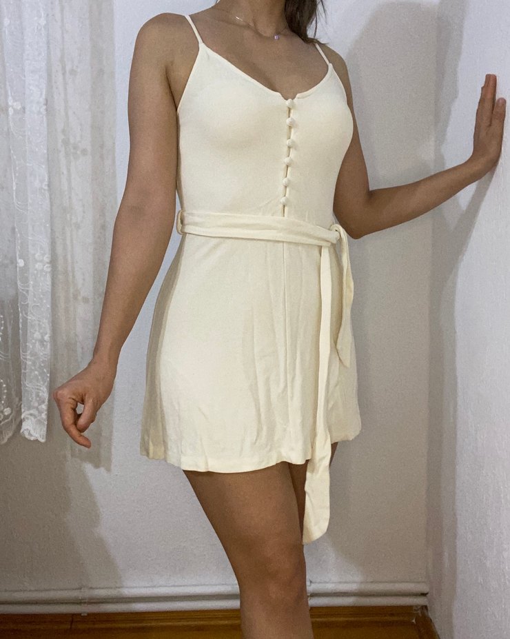 Beyaz Düğmeli Midi Pamuklu Elbise - Görsel 5