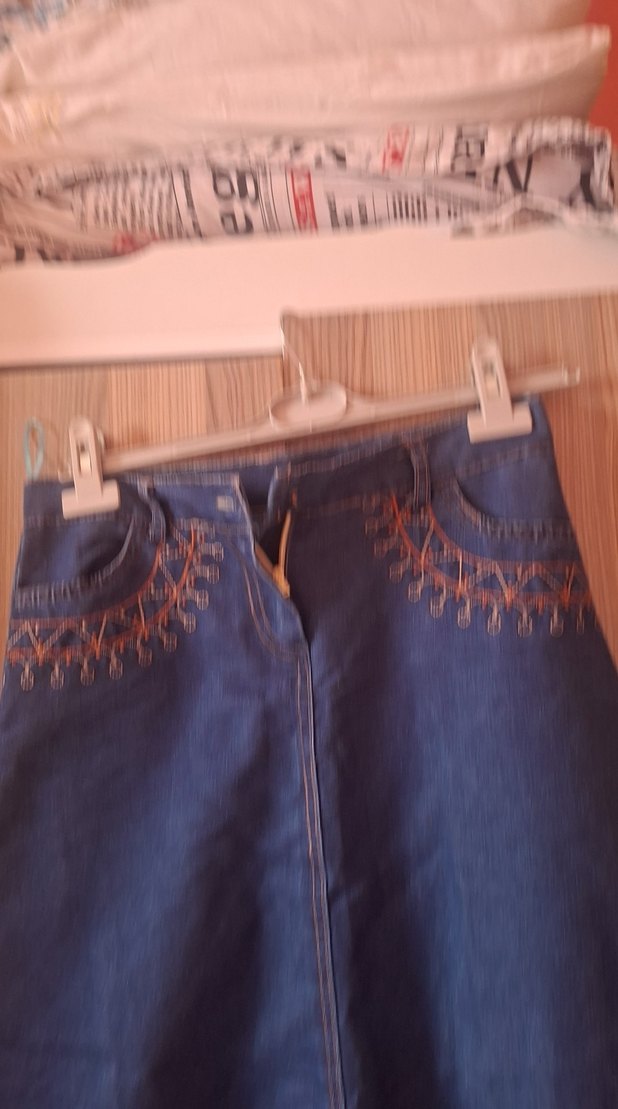 Nakışlı Kemerli Lacivert Midi Denim Etek - Görsel 5