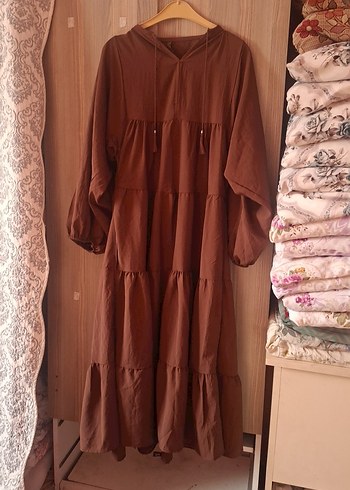 Kadın Kahverengi Bohem Uzun Keten Elbise - Görsel 2