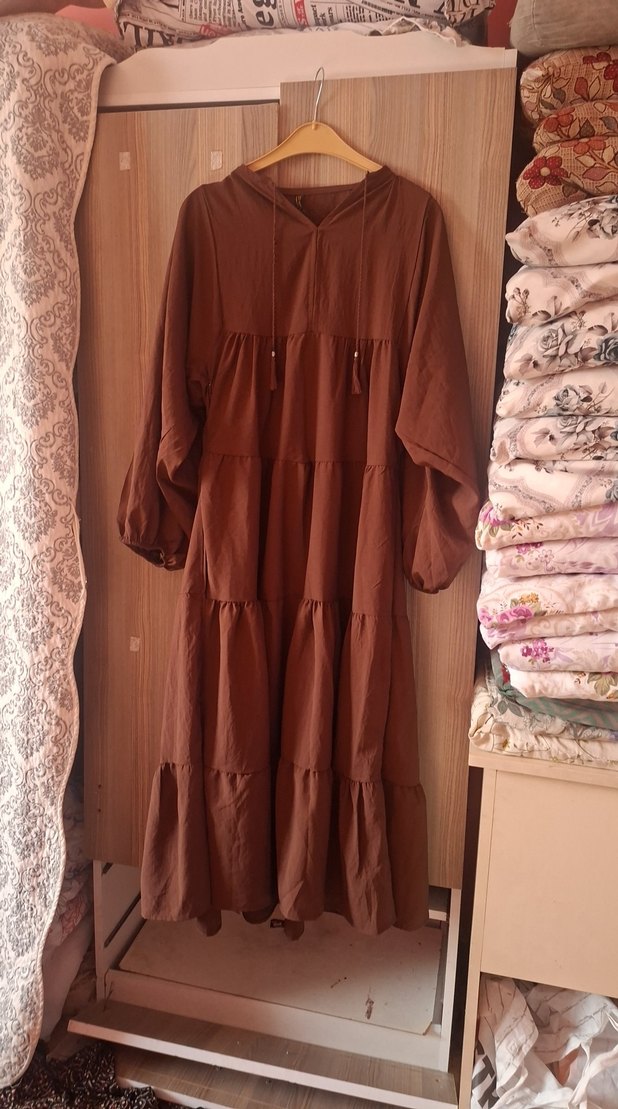 Kadın Kahverengi Bohem Uzun Keten Elbise - Görsel 2