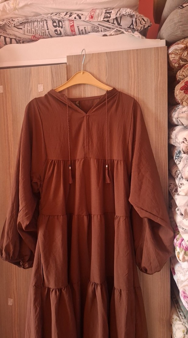 Kadın Kahverengi Bohem Uzun Keten Elbise - Görsel 4