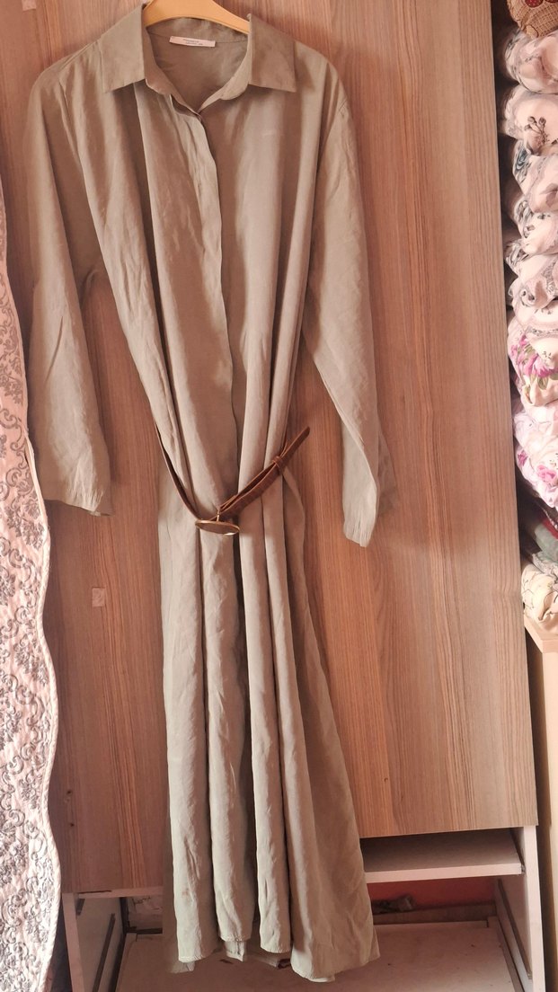 Bej Uzun Keten Gömlek Elbise - Görsel 5
