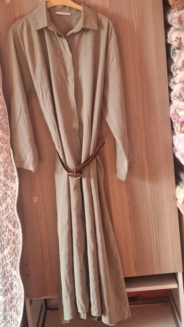 Bej Uzun Keten Gömlek Elbise - Görsel 2