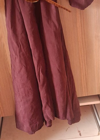 Bordo Kemerli Uzun Keten Elbise - Görsel 9