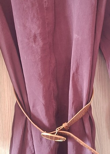 Bordo Kemerli Uzun Keten Elbise - Görsel 7