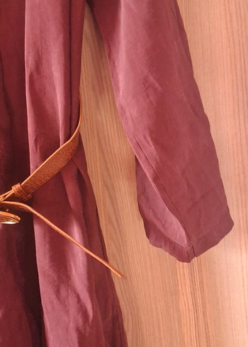 Bordo Kemerli Uzun Keten Elbise - Görsel 2