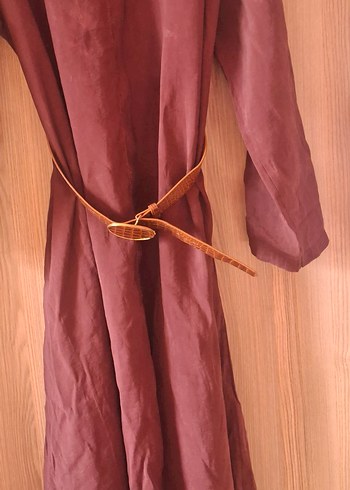 Bordo Kemerli Uzun Keten Elbise - Görsel 8