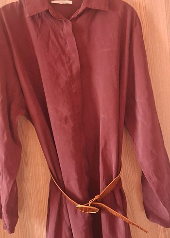 Bordo Kemerli Uzun Keten Elbise - Görsel 4