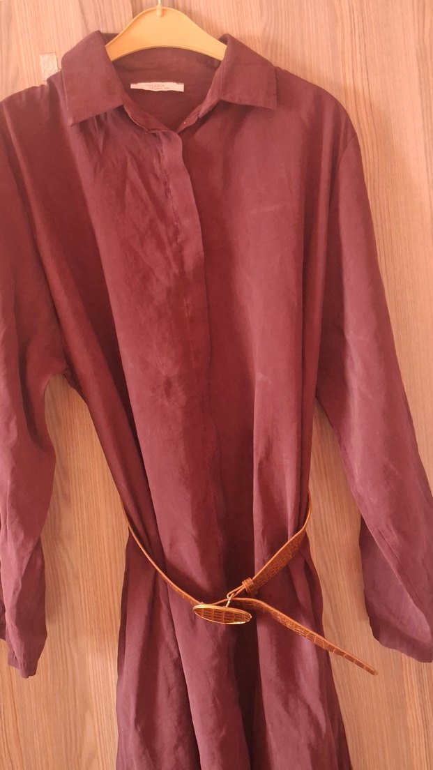 Bordo Kemerli Uzun Keten Elbise - Görsel 4