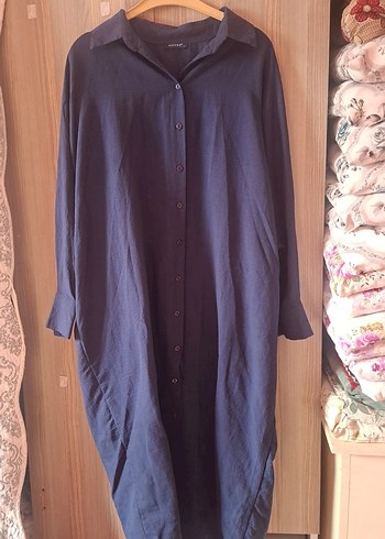 Lacivert Uzun Keten Kadın Tunik - Görsel 2