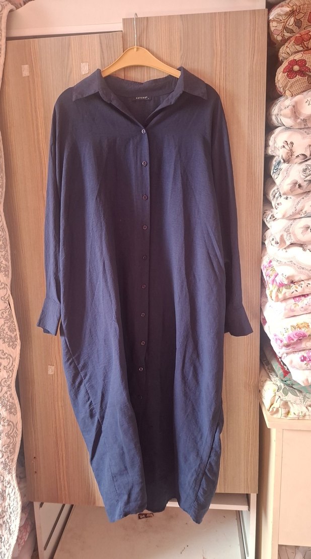 Lacivert Uzun Keten Kadın Tunik - Görsel 2