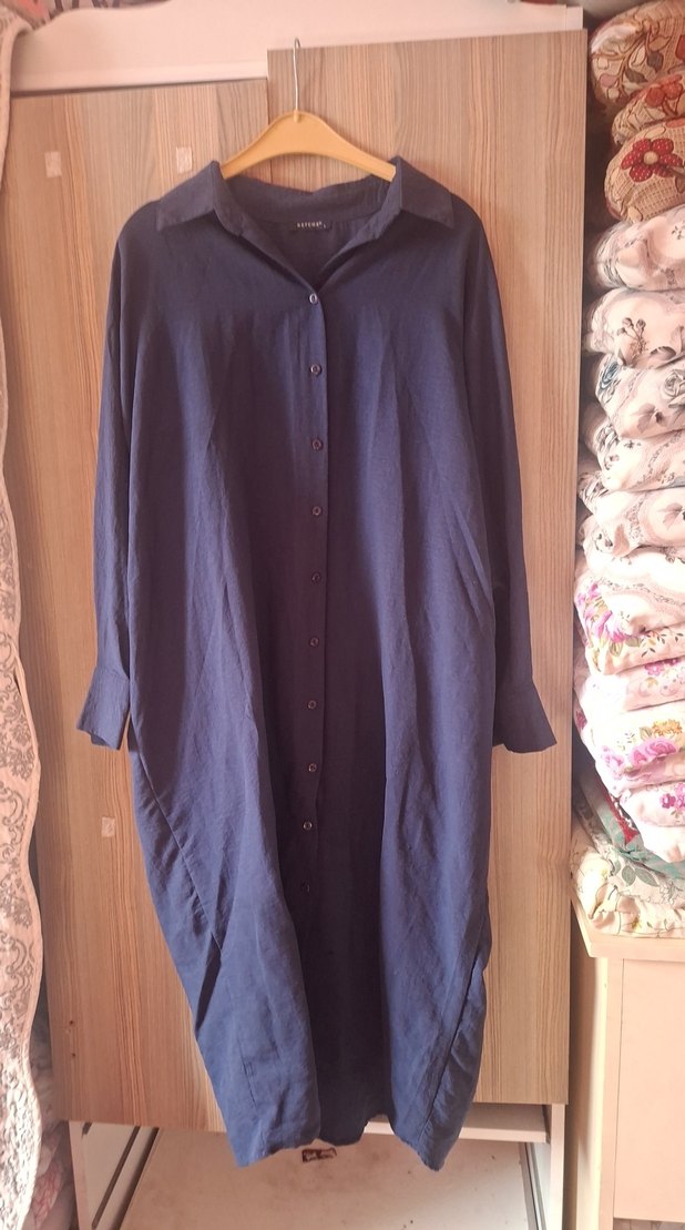 Lacivert Uzun Keten Kadın Tunik - Görsel 3