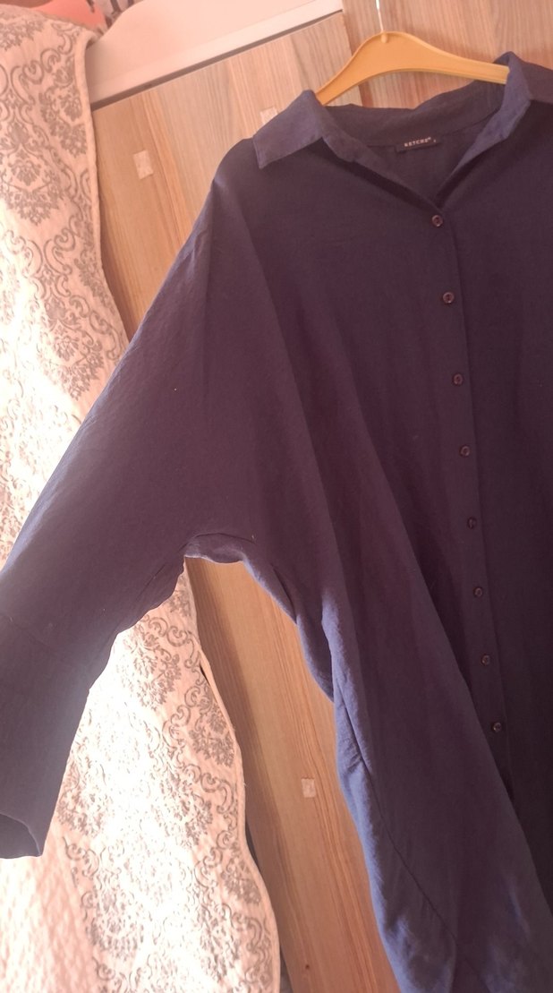 Lacivert Uzun Keten Kadın Tunik - Görsel 5