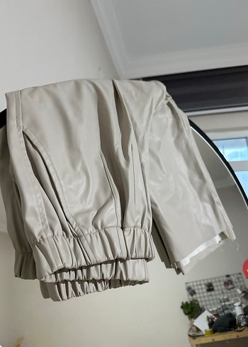 Bej Midi Pilili Kadın Deri Pantolon