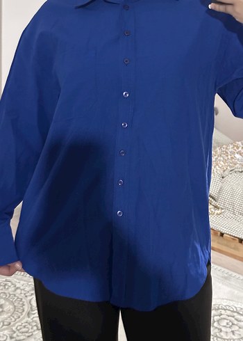 Kadın Mavi Uzun Kollu Düğmeli Gömlek - Görsel 9