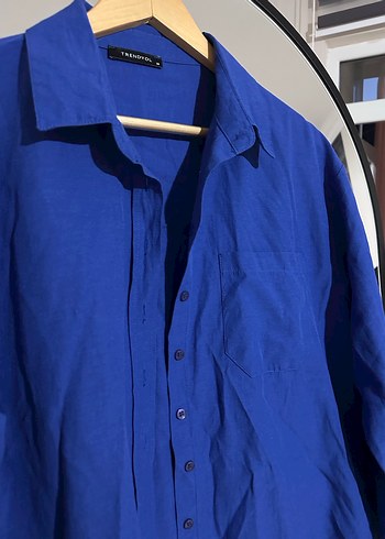 Kadın Mavi Uzun Kollu Düğmeli Gömlek - Görsel 5