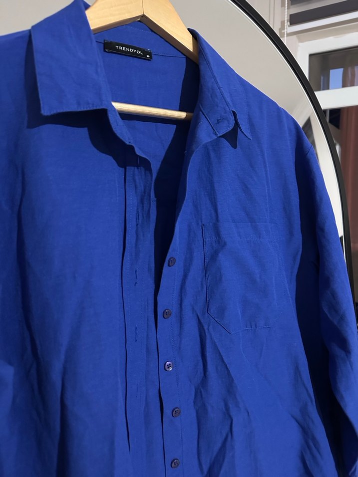 Kadın Mavi Uzun Kollu Düğmeli Gömlek - Görsel 5