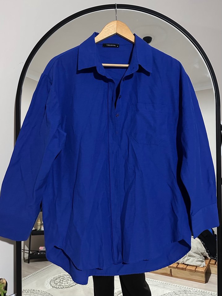 Kadın Mavi Uzun Kollu Düğmeli Gömlek - Görsel 4