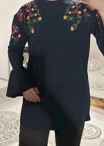 Nakışlı Siyah Midi Kadın Tunik - Görsel 7