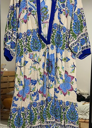 Mavi Çiçek Desenli Uzun Bohem Elbise - Görsel 4