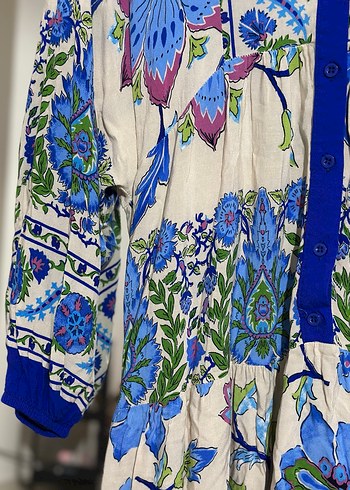 Mavi Çiçek Desenli Uzun Bohem Elbise - Görsel 6