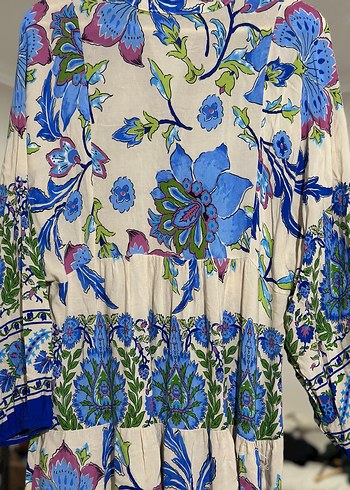 Mavi Çiçek Desenli Uzun Bohem Elbise - Görsel 7