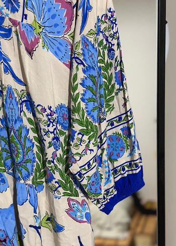 Mavi Çiçek Desenli Uzun Bohem Elbise - Görsel 5